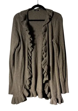 Magaschoni Ruffle Trim Cashmere‎ Cardigan Womens Brown Open Front Knit Hole thumbnail 1