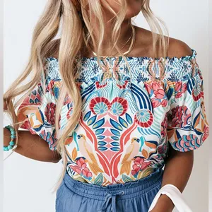 Flying Tomato Floral Bird Blouse L Multicolor Off Shoulder Boho Smocked Bold Top thumbnail 1