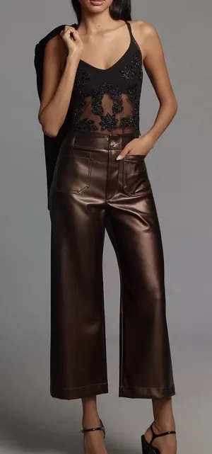 Maeve Colette NEW Brown Faux Leather High Rise Wide Leg Cropped Pants Size 29 thumbnail 1