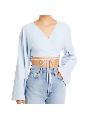 Charlie Holiday Jasper wrap top Dusk Blue size M 100% cotton bell sleeves NWT thumbnail 8