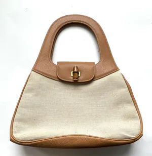 Vintage Authentic Gucci 90’s Leather Bamboo Canvas Shoulder Tan Preppy Classic thumbnail 1