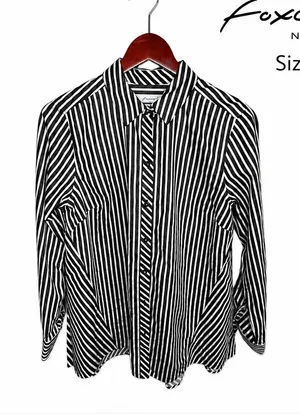 Foxcroft NYC Size 10 Non Iron Shirt Black White Striped Button Front Blouse thumbnail 1