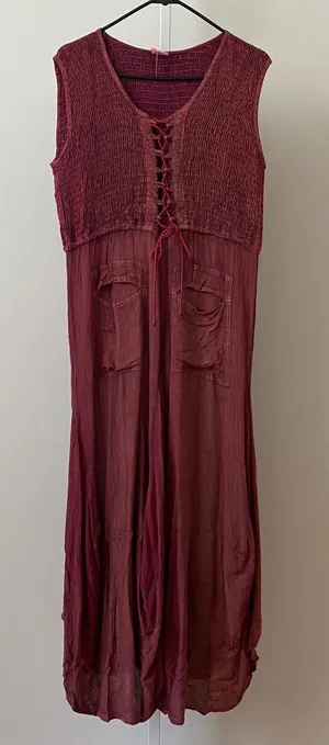 Fashion Terminal Cotton Boho Lagenlook Fairy Peasant Maxi Dress OS Burgundy thumbnail 1