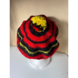 MZ Wallace Wool‎ Beret Hat Striped Red Black Yellow Pom Pom Made in Scotland thumbnail 4