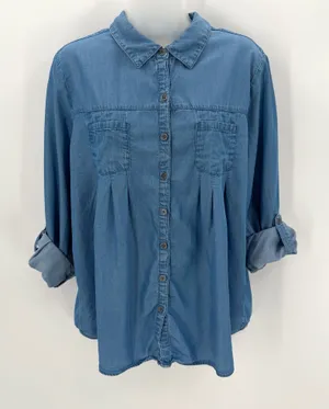 Style & Co Shirt Women's PL Petite Large Blue Pleated Roll Tab Sleeve Flowy Top thumbnail 1