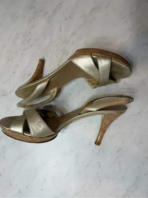 Stuart Weitzman Gold Metallic Leather Cork Platform Slingback Heels Size 7 Y2k thumbnail 3
