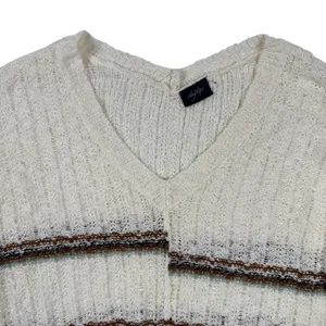 Daytrip Boho Fringe Sweater Cream Striped Distressed‎ Hem Knit Top M/L thumbnail 3