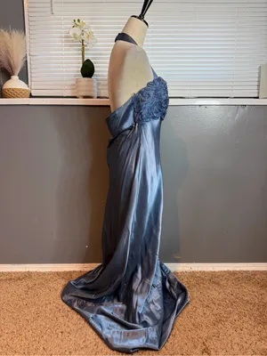 Dave & Johnny Size 12 Blue Satin Beaded Halter Formal Gown Y2K Prom Dress thumbnail 7