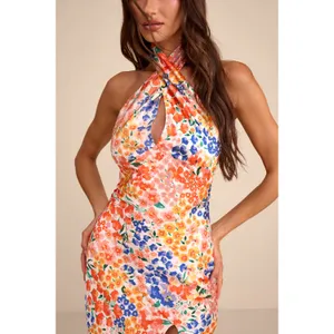 NWT Lulus Bold Presence Orange Multi Floral Satin Halter Midi Dress Party Size S thumbnail 7