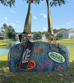 NWT Von Dutch Denim Logo Patch Barrel Bag Gold Chain Y2K McBling Shoulder Purse thumbnail 1