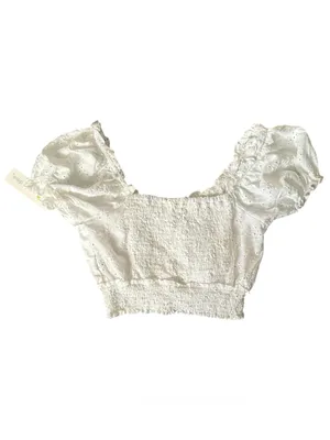 Ocean Drive white eyelet milkmaid cottagecore smocked hemline cropped boho top M thumbnail 5