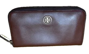 Tory Burch Robinson Dark Brown Saffiano Leather Zip Around Continental Wallet thumbnail 1
