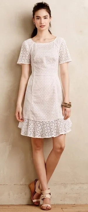 Anthropologie HD in Paris Georgia Eyelet Dress Ruffle Hem White US Size 10 thumbnail 1