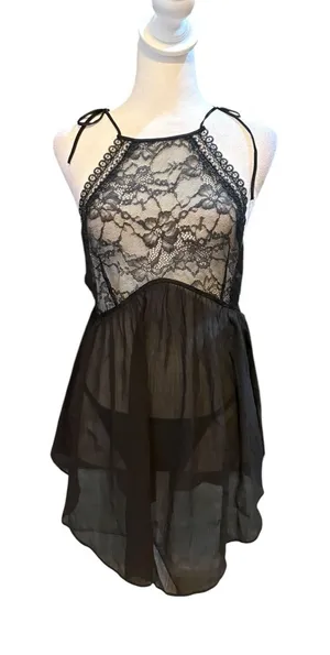 Victorias Secret Black Lace Sheer Lingerie Slip Dress Womens Medium New WO Tags thumbnail 1