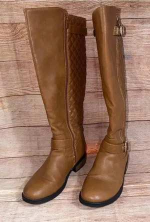 Dream Paris Women’s Knee High Riding Boots Size 9 Tan Quilted Buckle Zip thumbnail 1