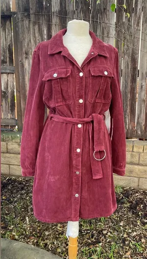 Topshop Burgundy Corduroy Belted shirt dress coat grunge fall streetwear casual thumbnail 1