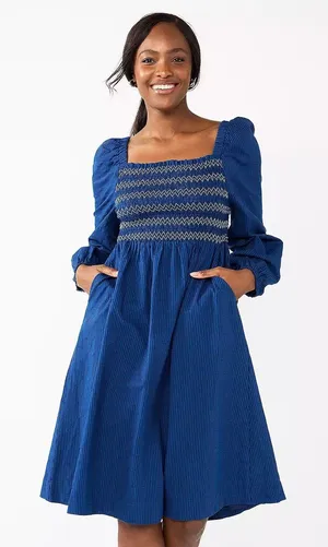 Draper James RSVP Dress XL Navy Blue Smocked Puff Sleeve Mini‎ Striped thumbnail 1