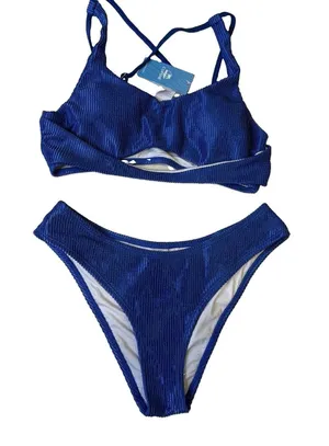 Cupshe Womens Bikini Set Textured,shine Cobalt Blue NWT Medium, Cheeky thumbnail 1