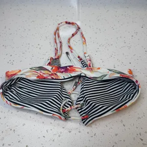Tropical‎ Floral Lace Up Bikini Top XS White Striped Lining Summer Swimwear thumbnail 4