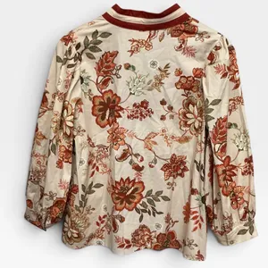 Entro Floral V-Neck Balloon Sleeve Fall Blouse Tan Orange Red Small thumbnail 9