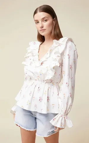 Rachel Parcell Floral Ruffle Peplum Blouse V-Neck‎ Long Sleeve Women's M thumbnail 1