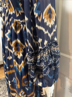 FARM Rio Pineapple Blue Ikat Maxi Dress Boho Long Sleeve Altered Length Small thumbnail 8
