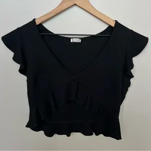 Free People Intimately Black Ruffle Plunge V-Neck Crop Top Peplum Size Large thumbnail 4