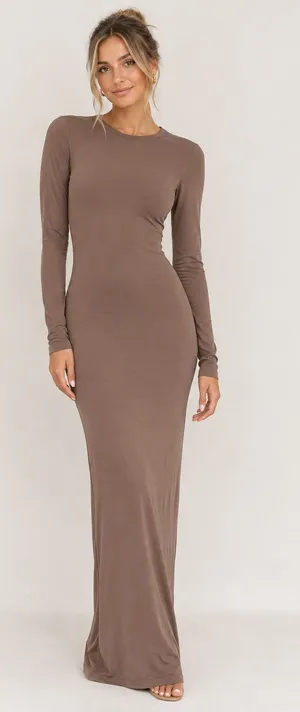 SKIMS Fits Everybody Long Sleeve Crewneck Maxi Dress - Umber thumbnail 1
