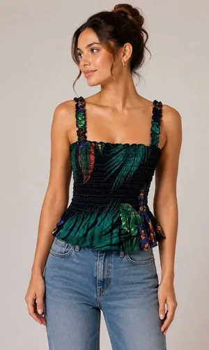 Patrons Of Peace Tropical Smocked Peplum Crop Top Festival Boho Indie‎ Medium thumbnail 1