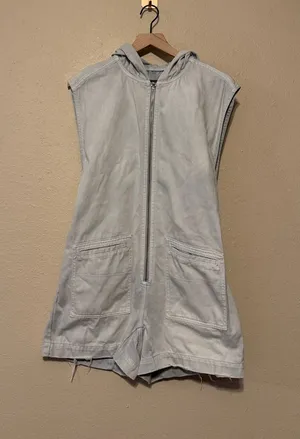 Free People We The Free Light Blue Denim Zip Short Romper with Hood Size Small thumbnail 1