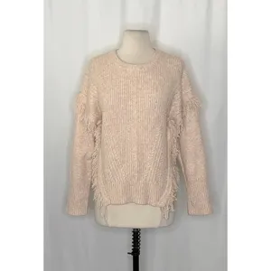 By ANTHROPOLOGIE Josey Fringe Sweater Marled Pink Pink Crew Neck Wool Small thumbnail 2