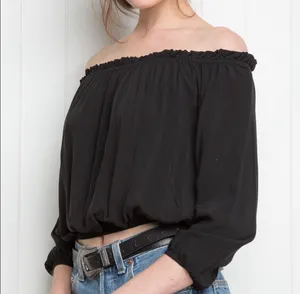 Brandy Melville Black Off the Shoulder Maura Long Sleeve Crop Flowy Ruffle Top thumbnail 4