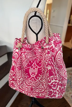 Donna Dixon Pink White Damask Canvas Rope Tote Bag Beach Resort Boho 18x18 thumbnail 1