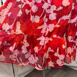 Torrid Floral Crinkle Fabric Tiered Puff Sleeve Smocked Midi Dress Red‎ Pink 12 thumbnail 9