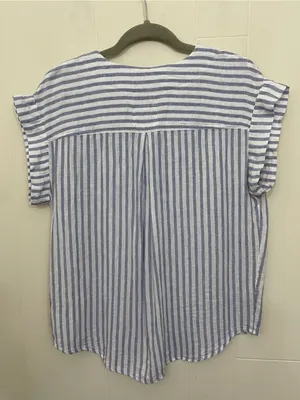 Rails Nala Popover Blouse Size M Blue Iris Stripe Linen Rayon Coastal Chic Beach thumbnail 6