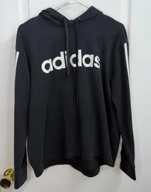 Adidas black striped sleeve pullover cotton hooded sweatshirt casual lounge L thumbnail 1