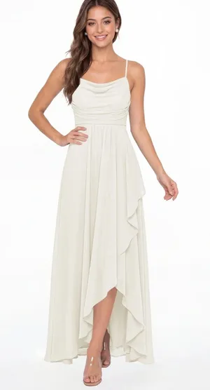 INEWER Cowl Neck High Low Chiffon Ruched Maxi Gown White Size 6 NWT thumbnail 1