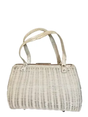Vintage 1960'S Styled By Bounty White Wicker With Mauve & Gray Faux Suede Bag thumbnail 4