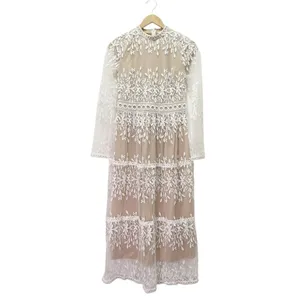 Bohme Lola Lace Midi Dress Small Beige Ivory Embroidered Sheer Long Sleeve Boho thumbnail 2