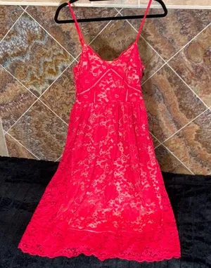 Women's NSR Crochet Stretch Lace Midi Dress Vibrant Reddish Pink Small NWOT thumbnail 3