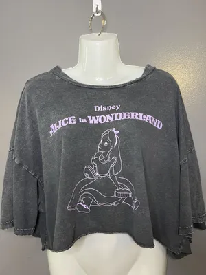 Disney Alice In Wonderland Shirt Womens Large Gray Cropped Graphic Tee Top thumbnail 1
