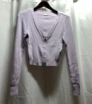 La Hearts lavender V-neck front zip ribbed cropped cardigan sweater Size:M thumbnail 1