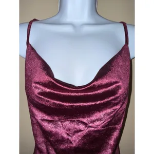 Y2K Women Shimmer Burgundy Velvet Cowl Neck Bodycon‎ Mini Dress S Night out thumbnail 3