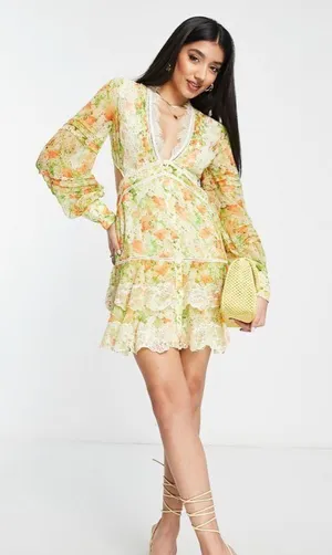 ASOS Yellow Floral Mini Dress thumbnail 1