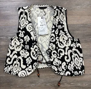 Zara Black White Boho Vest Small Ikat Pattern Tie Waist Statement Layer Festival thumbnail 1