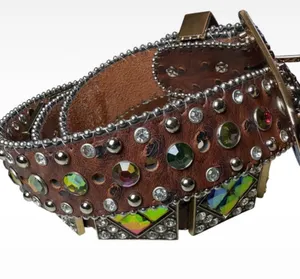 West Star Texas Brown Leather Rhinestone Belt Chameleon Crystals Y2K Cowboy Core 41 inches thumbnail 3