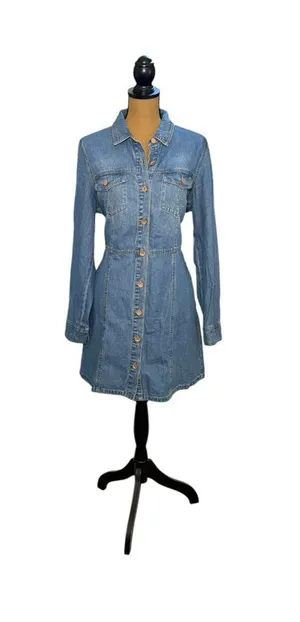 Frye Denim Shirt Dress Womens L Western Long Sleeve Button Front Mini Blue thumbnail 1