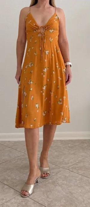 ASTR The Label Mustard Floral Ruched Midi Slip Dress Size S Tie Front Summer thumbnail 1