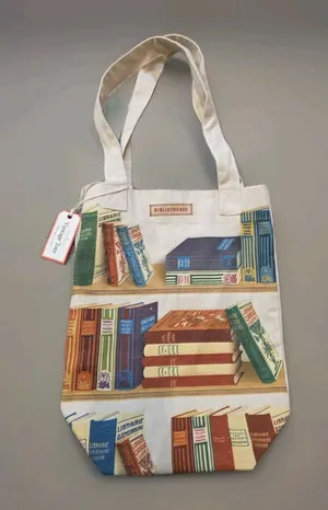 Cavallini & Co Library Books On Shelf Vintage Style Canvas Tote Bag 16" NWT thumbnail 1