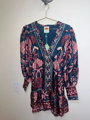 Farm Rio‎ Seashell Tapestry Teal Mini Dress NWT XXS Boho thumbnail 4